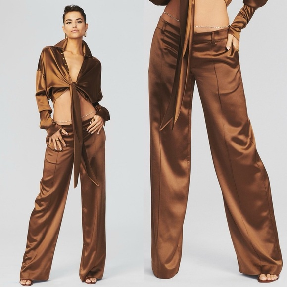 NWT RETROFETE Cognac Satin Low Rise Wide Leg Tailored Eliza Trousers M - Picture 4 of 9